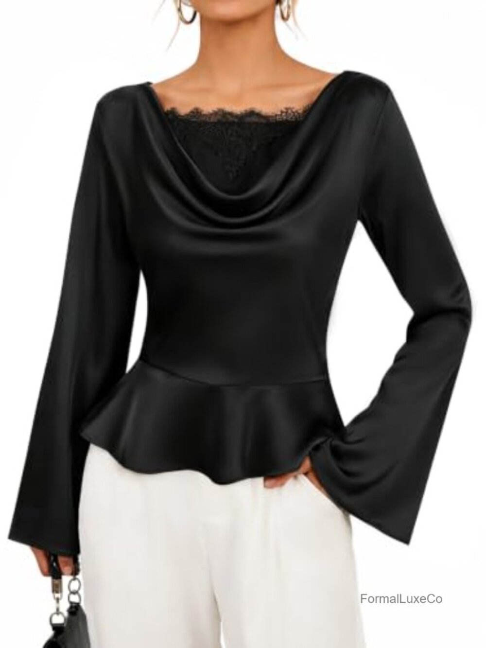 Satin Cowl Neck Lace Trim Long Sleeve Peplum Blouse
